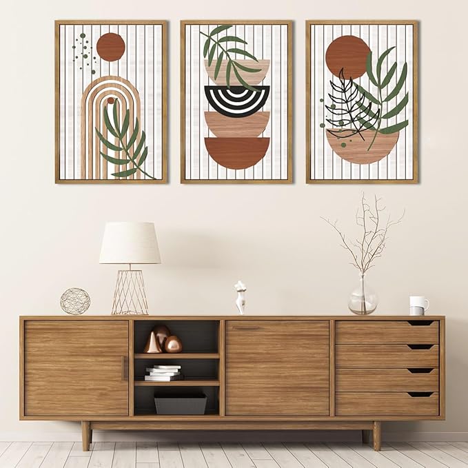 Large Boho Mid Century Wood Wall Art Set Modern Bohemian Wooden Wall Decor Minimalist Leaf Art Decor Abstract Geometric Wall Sculptures for Living Room Bedroom Office-16x24Inchx3-Ruum Studio Home