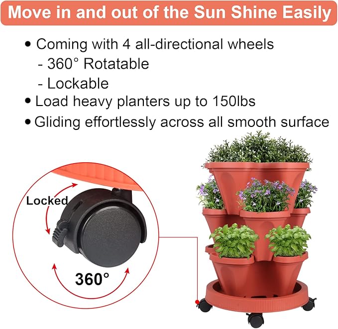 Vertical Planter 3 Tier Stackable Planters Garden Planters Strawberry Herb Flower and Vegetable Planter Indoor Outdoor Gardening Pots with Removable Wheels and Tools 2-Pack-Ruum Studio Home