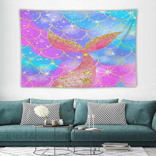 HZOHNAGO Mermaid Scales Tapestry Colorful Shiny Scales Mermaid Tail Pattern Printed Wall Tapestry Wall Hanging for Bedroom Living Room Dorm 90" W x 60" H-Ruum Studio Home