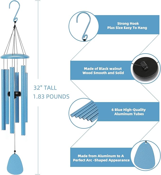 Wind-Chimes-Outdoor-Deep-Tone, Large Soothing Melodic Tones Mobile Windchimes, Wind Chimes for Outside, Memorial Wind Chime Best Gift for Mom Women Grandma Neighbors(32" Blue Coated Aluminum)-Ruum Studio Home