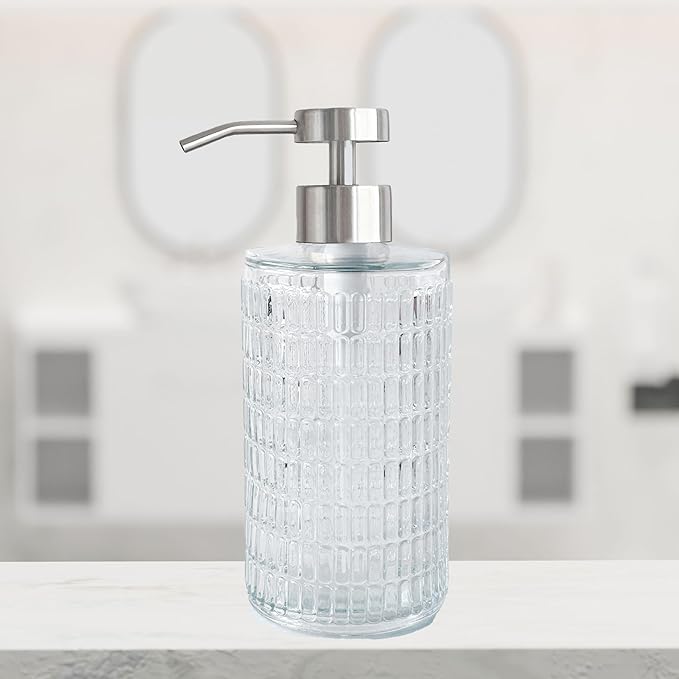 Lunestella Elegant Glass Hand Soap Dispenser with Stainless Steel Pump, for Bathroom and Kitchen, Rust Proof, 17oz (Silver)-Ruum Studio Home