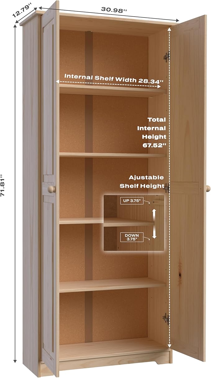 Pantry Cabinet Storage Cabinet with 2 Doors Solid Wood - Adjustable Shelves for Kitchen, Dining Room, or Utility Room Organization-Ruum Studio Home