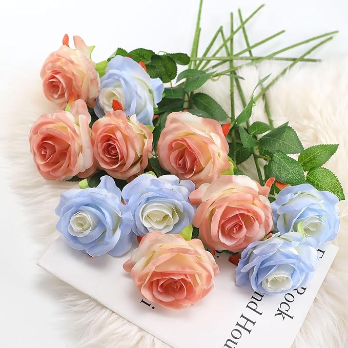 Pink Fake Roses Artificial Flowers - 10 Pcs Fake Artificial Roses Silk Flowers with Stems for Home Wedding Hotel Office Centerpiece Decor（Gradient Pink）-Ruum Studio Home