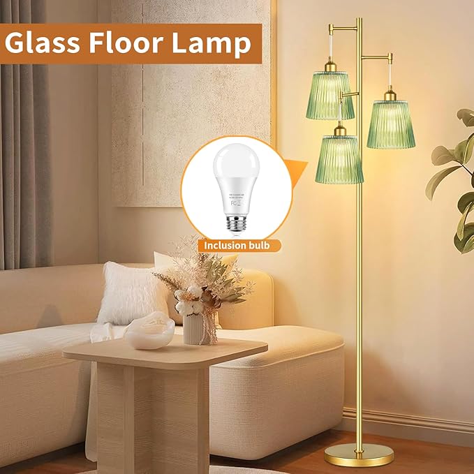 Gold Floor Lamp for Living Room,Bedroom,Mid Century Modern Standing Lamp Brass Tree 3 Light Tall Floor Lamps Vintage Retro Floor Lights Glass Green Flower Lamp Shade Farmhouse Boho Bohemian-Ruum Studio Home