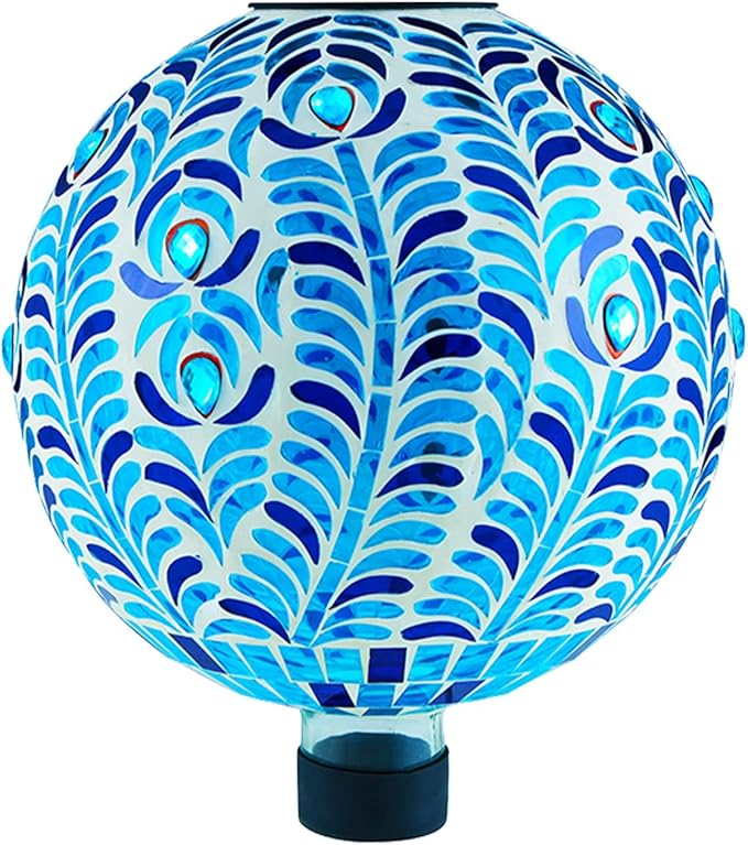 VOREEN Solar Gazing Ball, 10" Mosaic Glass Gazing Globe with Solar Light, Handmade Outdoor Yard Decor Sphere for Patio Lawn Garden, Gift for Mom Wife Friend, Peacock Feather Design (Blue)-Ruum Studio Home
