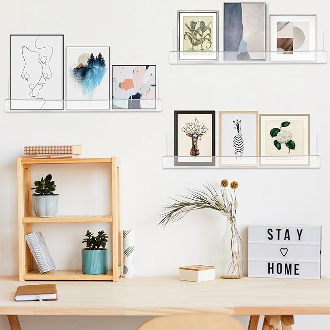 6 Pack Clear Acrylic Floating Shelves for Wall, 15'' Plastic Wall Mounted Display Shelf Kids Bookshelf and Spice Organizer for Bedroom, Living Room, Kitchen, Bathroom, Office-Ruum Studio Home