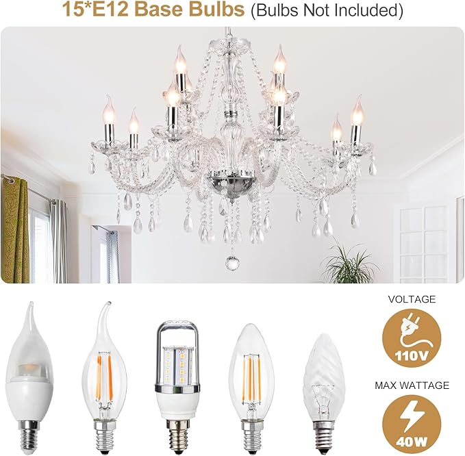 Modern Elegant 15 Lights K9 Crystal Glass Chandelier Pendant Ceiling Lighting European Style for Dining Living Room Bedroom Transparent,15 E12 Bulbs Required-Ruum Studio Home
