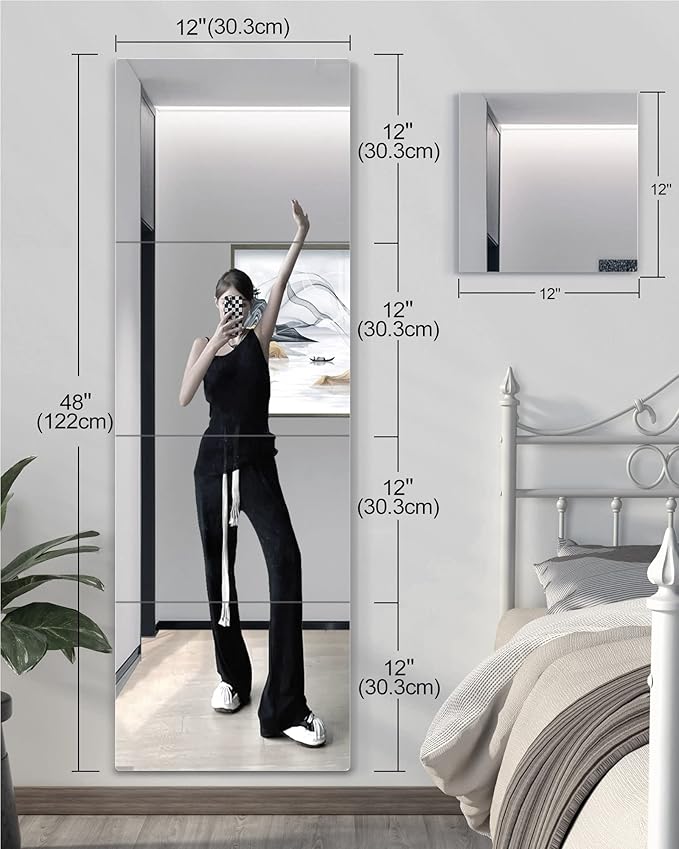 Shatterproof Wall Mirror Full Length for Bedroom, Acrylic Gym Mirrors For Home, Extra Thick: 0.12 inch, 12 x 12 inch x 4 Pcs, Workout Mirrors Safe for Kids, Over The Door, Long Wall Mounted-Ruum Studio Home