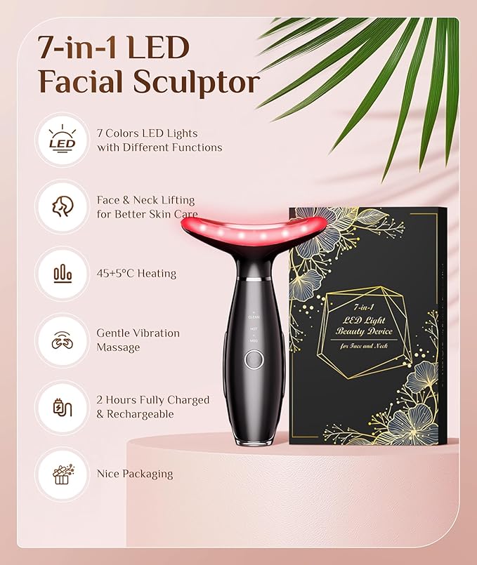 7 Color Galvanic Machines - Red Light Therapy for Face and Neck, Face Massager Tool for Wrinkles, Double Chin, Vibrating Facial Massager with Thermals, Black-Ruum Studio Home