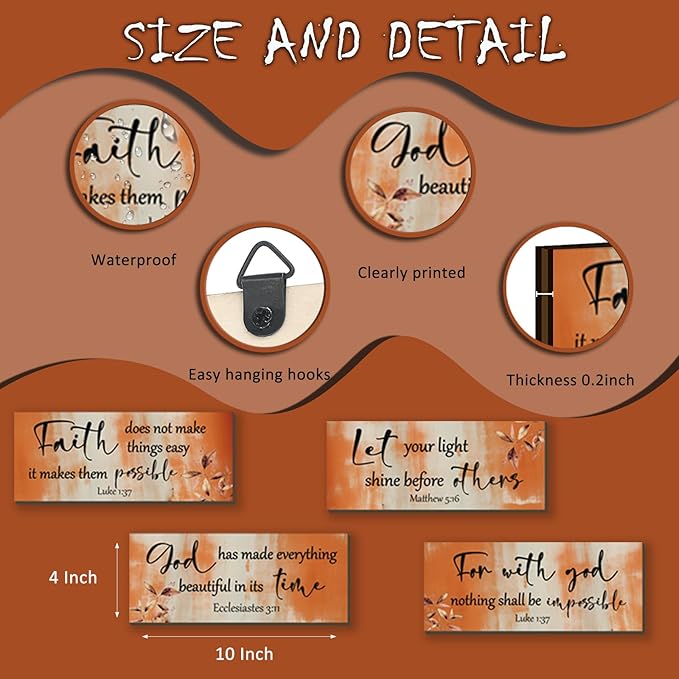 FENCORDAR 4 Pieces Orange Bathroom Decor Bible Verses Decor Wooden Orange Wall Decor Abstract Office Christian Wall Decor Religious Art for Women Office Home Bedroom Living Room Decor(10x4)-Ruum Studio Home