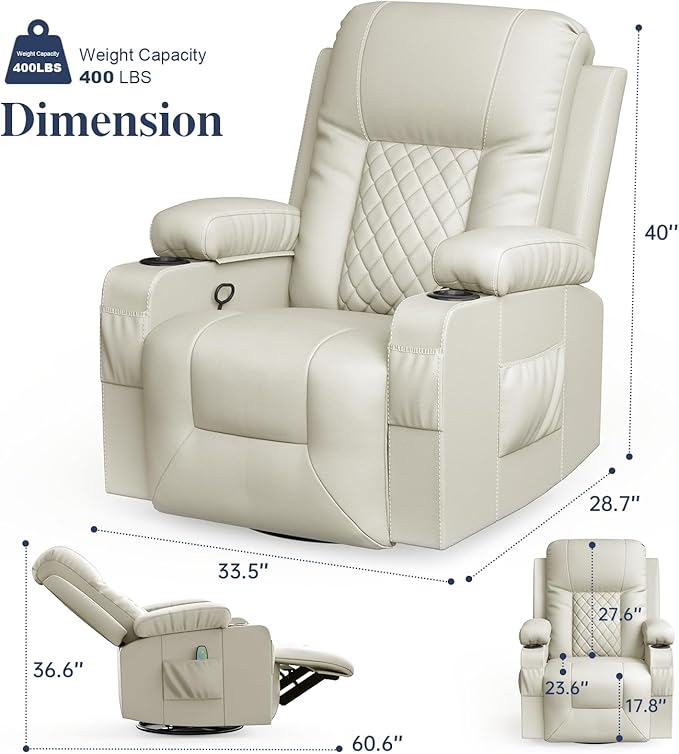 Recliner Chairs for Adults, Massage Rocker with Heated Modern Ergonomic Lounge 360 Degree Swivel Single Sofa Seat Living Room Lounge Recliners Ivory White-Ruum Studio Home