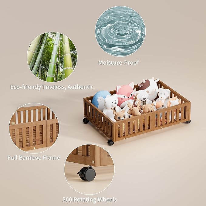 Bamboo Under Bed Storage with Wheels (2-Pack) – Rolling Underbed Shoe Organizer Box for Shoes, Blankets, Toys, Clothes Container Space-Saving Organizer Bins for Bedroom, Closet, Dorm, Nursery-Ruum Studio Home