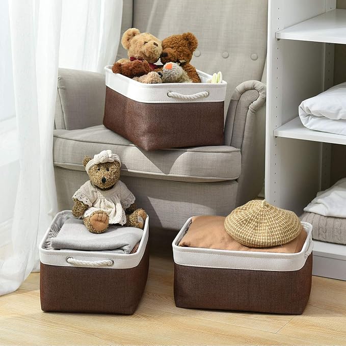 Large Storage Baskets for Shelves, Fabric Baskets for Organizing, Collapsible Storage Bins for Closet, Nursery, Clothes, Home & Office [3-Pack, White&Brown]-Ruum Studio Home