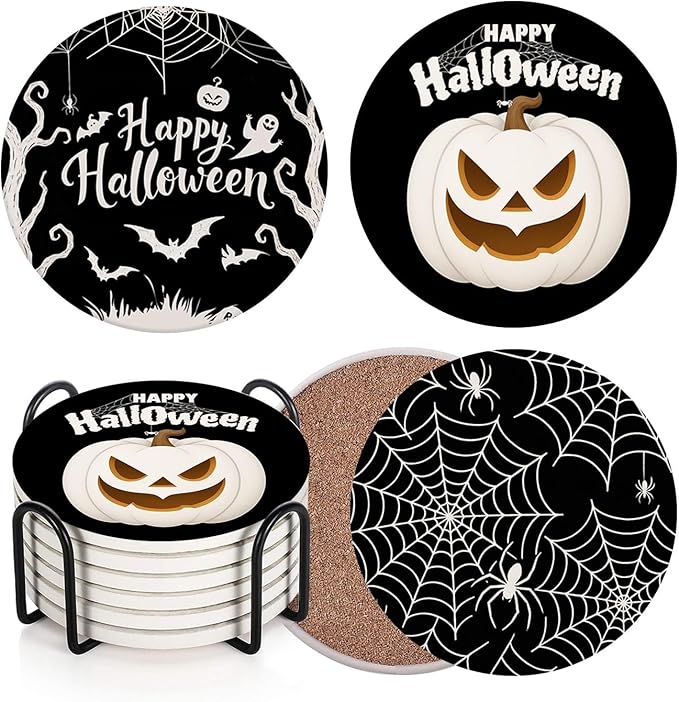 Coaster for Drinks Set of 6, Happy Halloween Pumpkin Spider Web Black Absorbent Round Ceramic Stone Mat, with Cork Base and Metal Holder, Gift for Housewarming Room Bar Decor-Ruum Studio Home