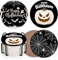Coaster for Drinks Set of 6, Happy Halloween Pumpkin Spider Web Black Absorbent Round Ceramic Stone Mat, with Cork Base and Metal Holder, Gift for Housewarming Room Bar Decor-Ruum Studio Home