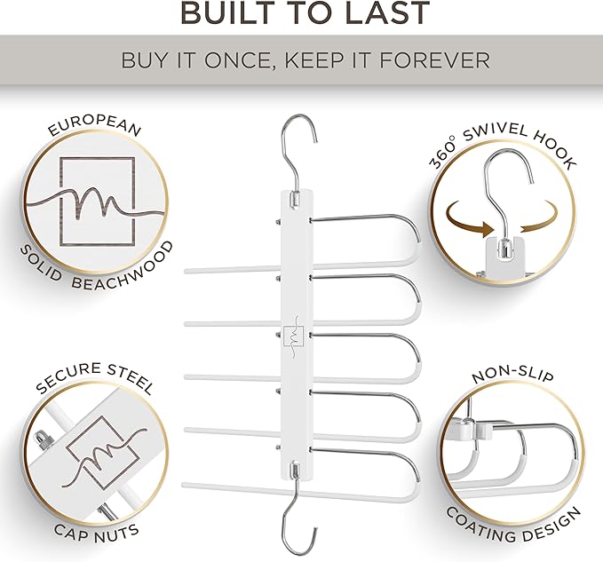MORALVE Pants Hangers Space Saving - 2 Pack European Beechwood Scarf and Jean Hangers - Closet Organizer and Space Saver Pant Rack, Leggings Hanger, and Scarf Holder with 360° Swivel Hook-Ruum Studio Home