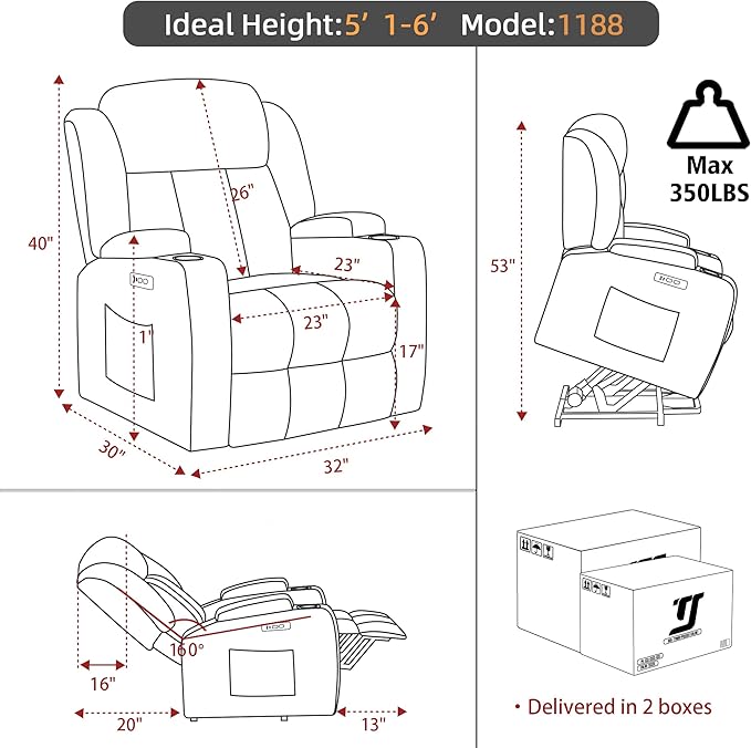 Power Lift Recliner Chair for Elderly with Massage and Heat, Recliner Chairs for Adults, Upgraded Fabric Reclining Sofa Chair with USB & Type-C Ports and Cup Holders, L1188(Grey)-Ruum Studio Home