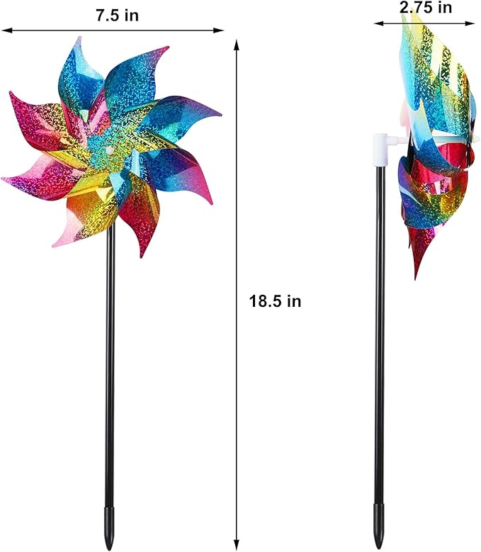Hausse 10 Pack Reflective Pinwheels Wind Spinner, Extra Sparkly Rainbow Pinwheel with Stakes, Bird Repellent Blinder Devices Deterrent to Scare Birds Away from Yard Patio Farm Garden, Colorful-Ruum Studio Home