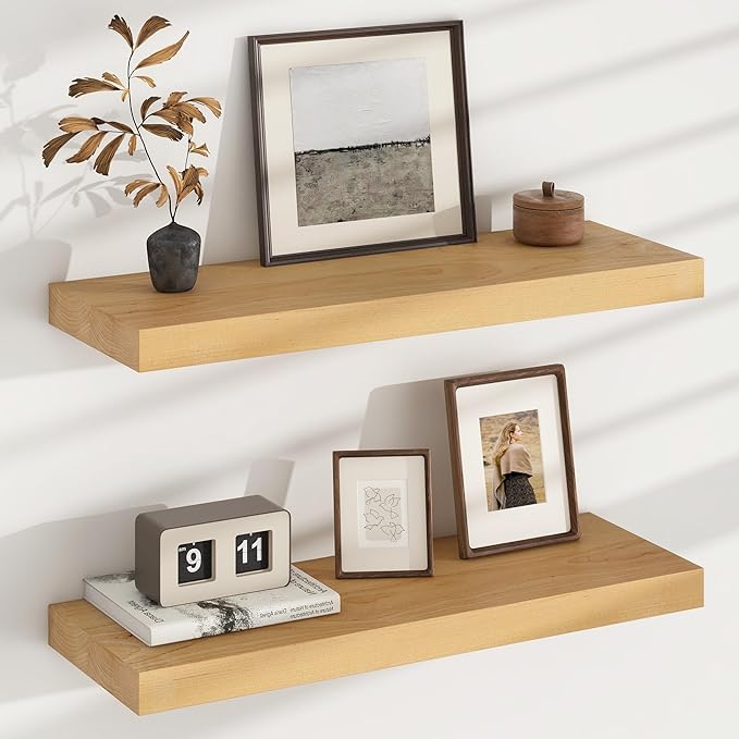 Floating Shelves for Wall, USA-Sourced Brich Wood 24 Inch Wall Shelves Set of 2, Natural Wooden Mounted Picture Ledge Shelf, Nursery Book Storage Shelf Kids Bookshelf Display, Shelf for Bathroom-Ruum Studio Home