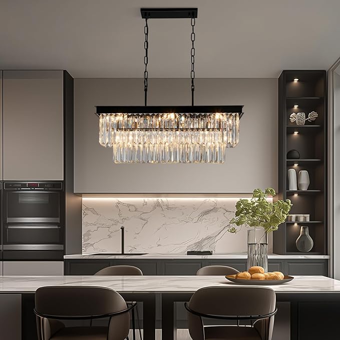 Black Crystal Chandeliers for Dining Room Light Fixtures Over Table，9-Lights Modern Rectangle Chandeliers for Kitchen Island Bar L28 Inch-Ruum Studio Home
