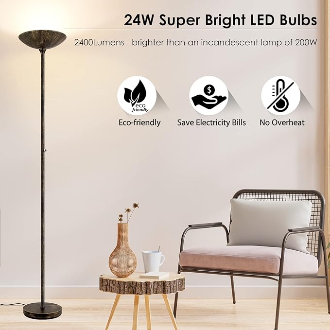 BoostArea Torchiere Floor Lamp Antique Bronze, 24W Super Bright LED Standing Lamp, 3000K Dimmable Pole Lamp with Rotary Switch, 70 Inch Tall Metal Modern Floor Lamps for Living Room/Bedroom/Office/Den-Ruum Studio Home