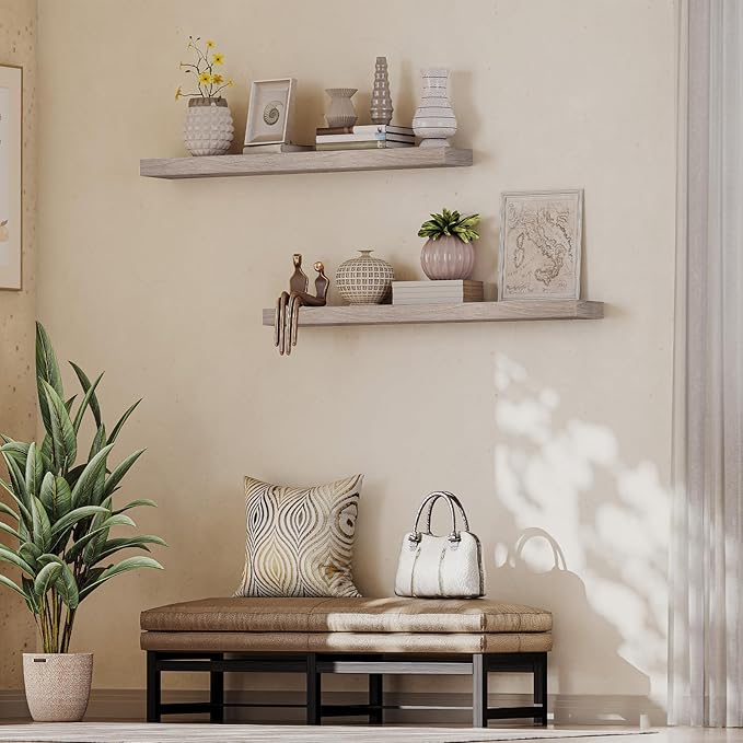 HOOBRO Floating Shelves for Wall, Wall Mounted Shelf Set of 2, 47.2" Hanging Shelf with Invisible Brackets, for Wall in Bathroom, Bedroom, Toilet, Kitchen, Living Room, Office, Greige BG120BJP201-Ruum Studio Home