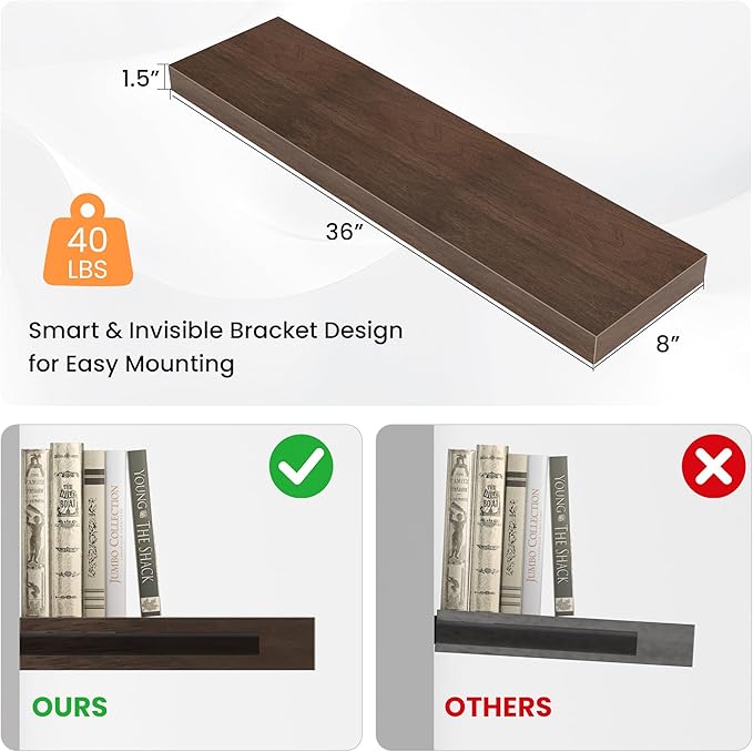 Floating Shelves for Wall, 36" W x 8" D x 1.5" H, Wooden Wall Mounted Display Shelves with Invisible Brackets for Living Room, Bedroom, Bathroom, Kitchen Decor and Storage, Set of 2, Walnut-Ruum Studio Home