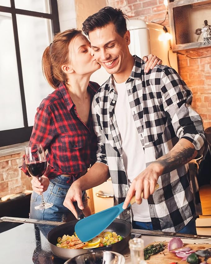 Cooking Spoon and Scraper for Nonstick Cookwares, Great for Cooking and Serving Durable BPA-Free Matte Silicone, Wood Handle Multifunction Spoon for Mixing, Scoop, and Scrape (BLUE)-Ruum Studio Home