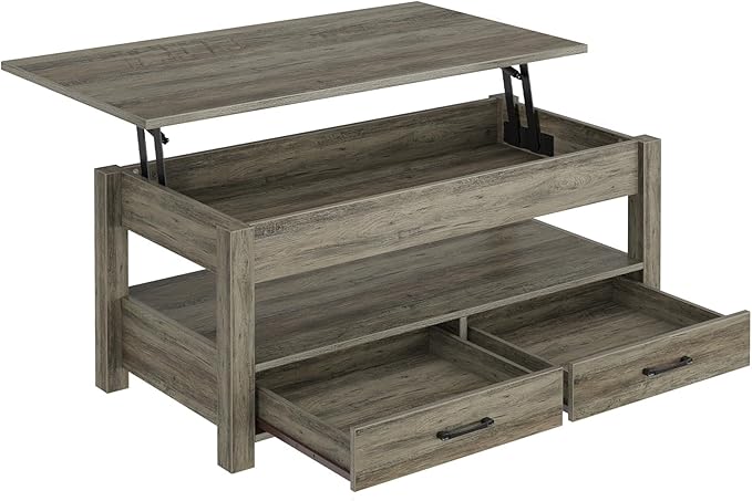 Rolanstar Coffee Table, 47.2" Lift Top Coffee Table with Drawers and Hidden Compartment, Retro Central Table with Wooden Lift Tabletop, for Living Room, Washed Oak-Ruum Studio Home