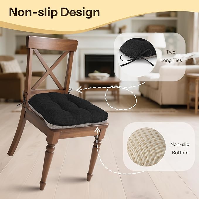 Non Slip Chair Cushions for Dining Chairs Set of 4 Kitchen Chair Cushions 18"x18"x3" Turfted Chair Pads Comfortable and Soft Seat Cushion with Ties, Black-Ruum Studio Home