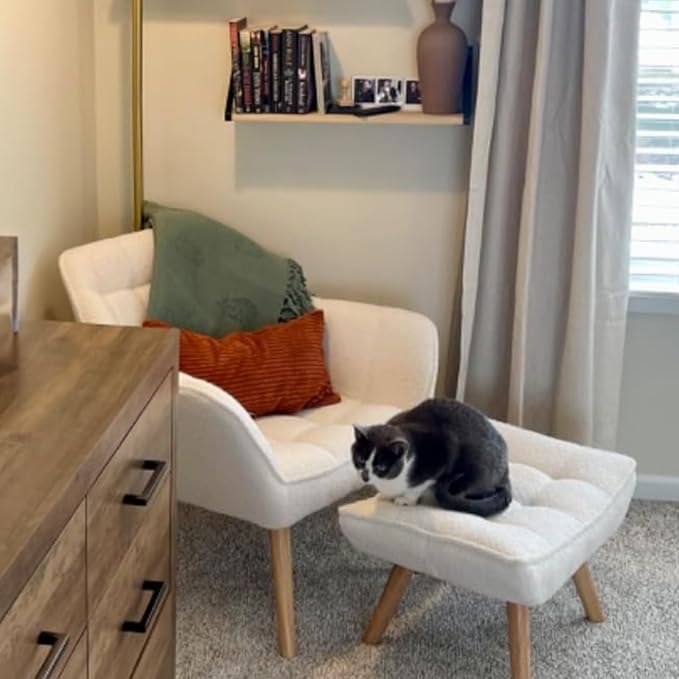 White Sherpa Accent Chair with Ottoman ，Modern Reading Chair with Ottoman Set, Comfy Fuzzy Armchair Living Room Chair Lounge Chair with Wood Legs for Small Spaces Bedroom Apartment-Ruum Studio Home