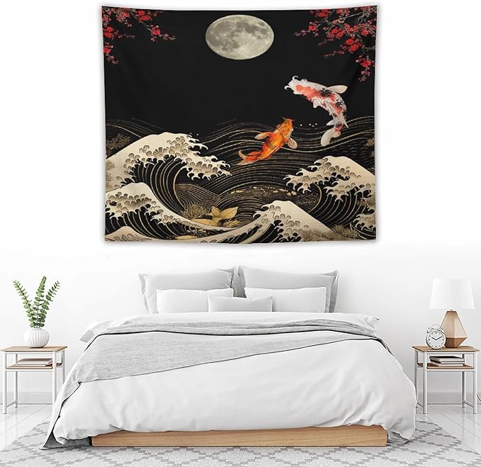 Houselerax Koi Fish Tapestry, Japanese Style Yin Yang Big Wave Cherry Blossom Tapestries Wall Hanging for Bedroom Living Room Office Decor 60"x50"-Ruum Studio Home