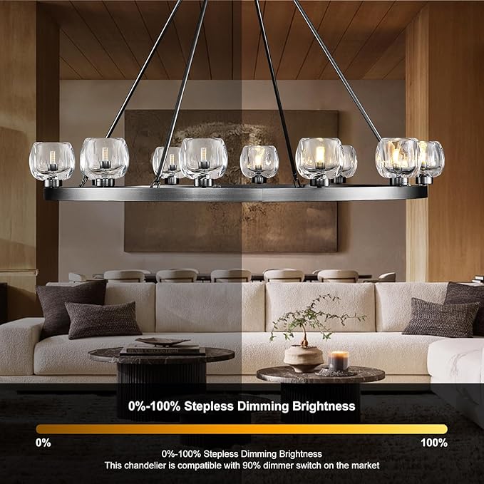 Black Wagon Wheel Chandelier, 48 Inch Black Chandeliers with Unique Glass Shade, 12-Light Crystal Large Wagon Wheel Chandeliers for Dining Room, High Ceiling Round Chandelier for Living Room, Foyer-Ruum Studio Home