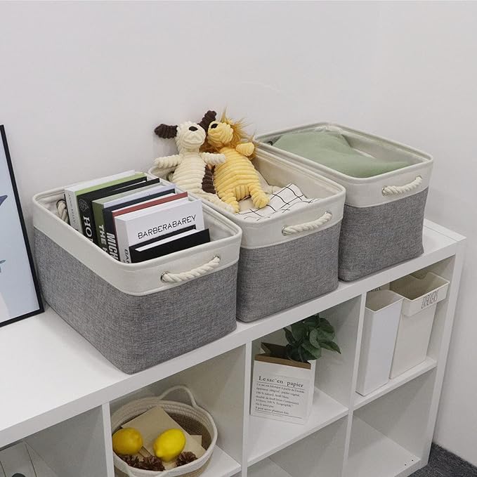 Bidtakay Baskets Set of 3 Storage Baskets for Organizing Large Fabric Storage Bins for Shelves Decorative Canvas Bins Collapsible Empty Baskets for Closet,Nursery,Clothes,Toys,Shoes(White&Grey)-Ruum Studio Home