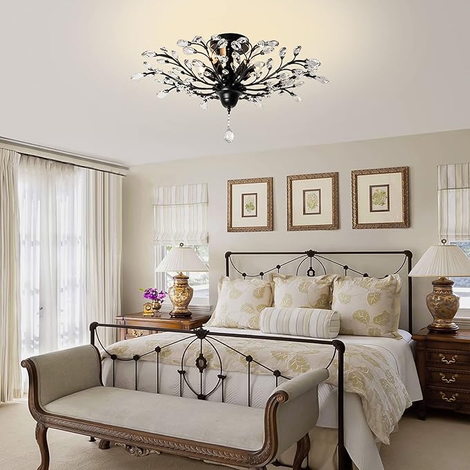 Ganeed Crystal Ceiling Light,Vintage Chandelier, Modern Elegant K9 Crystal Glass Chandelier Flush Mount Ceiling Lighting Fixture for Living Room Bedroom Restaurant Porch- Matte Black - 5 Lights-Ruum Studio Home