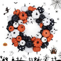 GarveeHome Halloween Pumpkin Wreath for Front Door, 18 Inch Fall Farmhouse Wreath with Orange, Black and White Pumpkins, Rattan Bottom Halloween Indoor Outdoor Home Party Decor-Ruum Studio Home