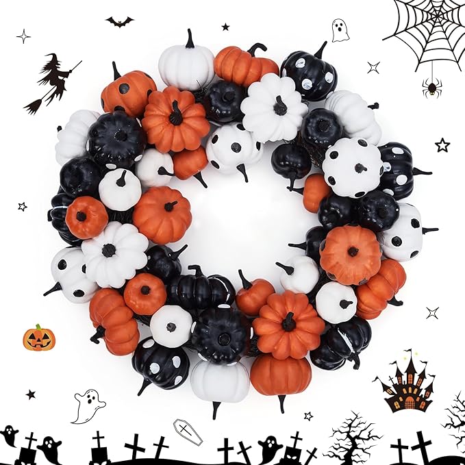 GarveeHome Halloween Pumpkin Wreath for Front Door, 18 Inch Fall Farmhouse Wreath with Orange, Black and White Pumpkins, Rattan Bottom Halloween Indoor Outdoor Home Party Decor-Ruum Studio Home