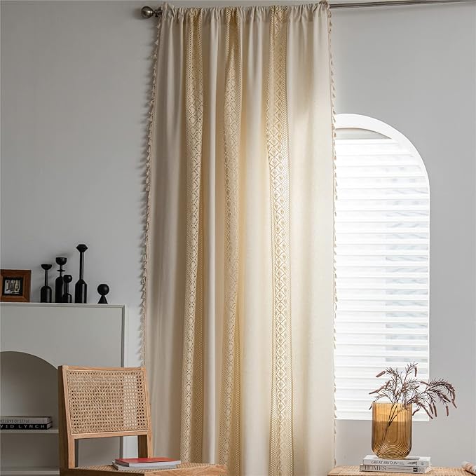Sutuo Home Boho Curtain Crochet Dots Patchwork Semi-Blackout Bohemian Handmade Tassels, Rod Pocket Window Treatment Vintage Rustic Farmhouse Drapes for Living Bedroom, 1 Panel 59" W x 84" L, Beige-Ruum Studio Home