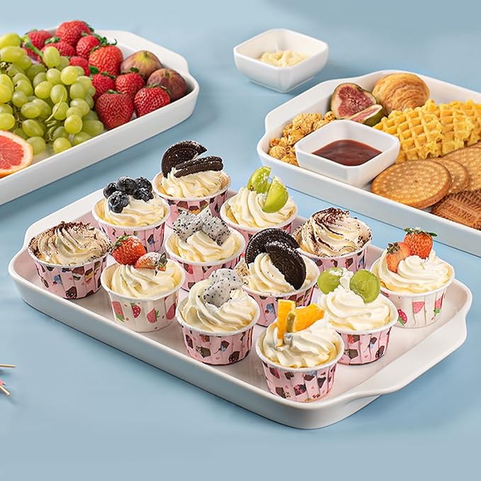 Dizada Large Serving Platter with Handles, 16" x 9" Porcelain Serving Tray, White Rectangular Platters for Entertaining & Serving Food, Serving Trays for Party, Appetizer, Charcuterie - Set of 3-Ruum Studio Home