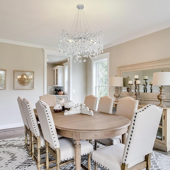 Modern Round Crystal Chandeliers, 30" Crystal Chandeliers for Dining Room,Silver Tree Branches Chandelier, for Living Room,High Ceiling,Foyer,Entryway,Kitchen Island-Ruum Studio Home