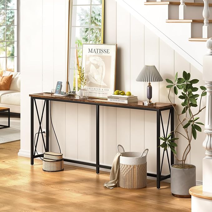 SUPERJARE 70 Inch Console Table with Outlets and USB-C Port, Extra Long Behind Couch Sofa Table with X-Shaped Design, Narrow for Entryway, Living Room, Metal Frame, Wooden Top, Rustic Brown-Ruum Studio Home