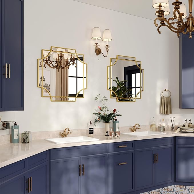 Kelly Miller Gold Framed Mirror for Wall, 26"x26" Gold Square Wall Mirror Vanity Mirror Decorative Mirror Beveled Wall Decor for Bathroom Powder Room Living Room Bedroom Bedside Table Entryway Hallway-Ruum Studio Home