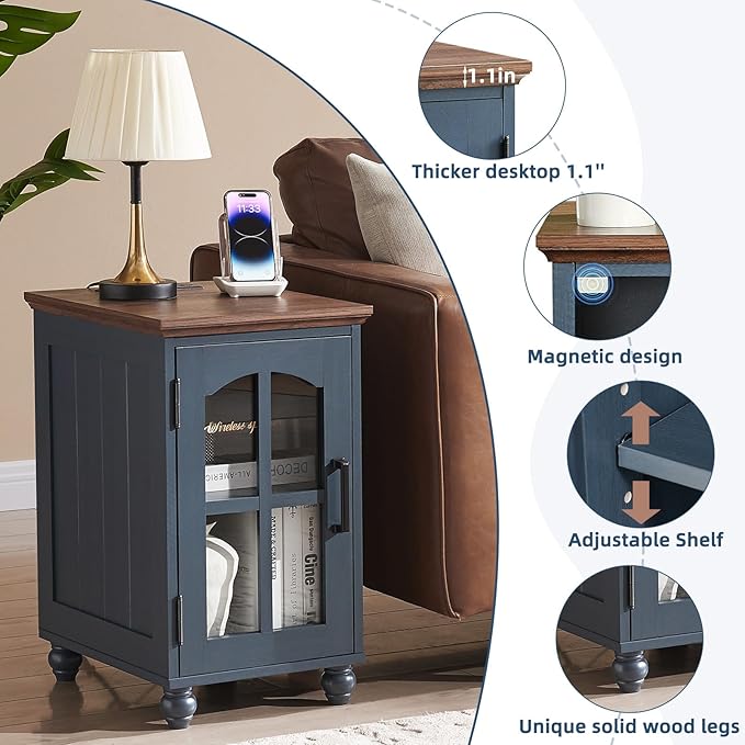 Narrow Side Table,Farmhouse Nightstand with Charging Station,Wood End Table with Glass Barn Door Storage, Cabinet Organizer with Adjustable Shelf, Night Stand for Small Spaces for Living Room Bedroom-Ruum Studio Home