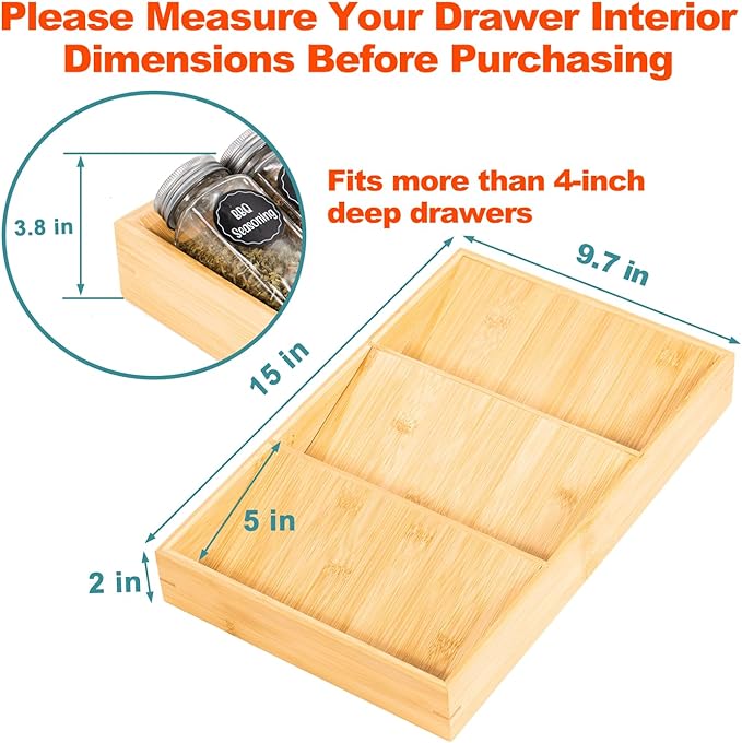 Bamboo Spice Rack Organizer for Drawer 3 Tier Bamboo Spice Tray Cabinet for Kitchen Storage and Organizer (Pre-Measure Your Drawer)(1 Pack, Drawer)-Ruum Studio Home