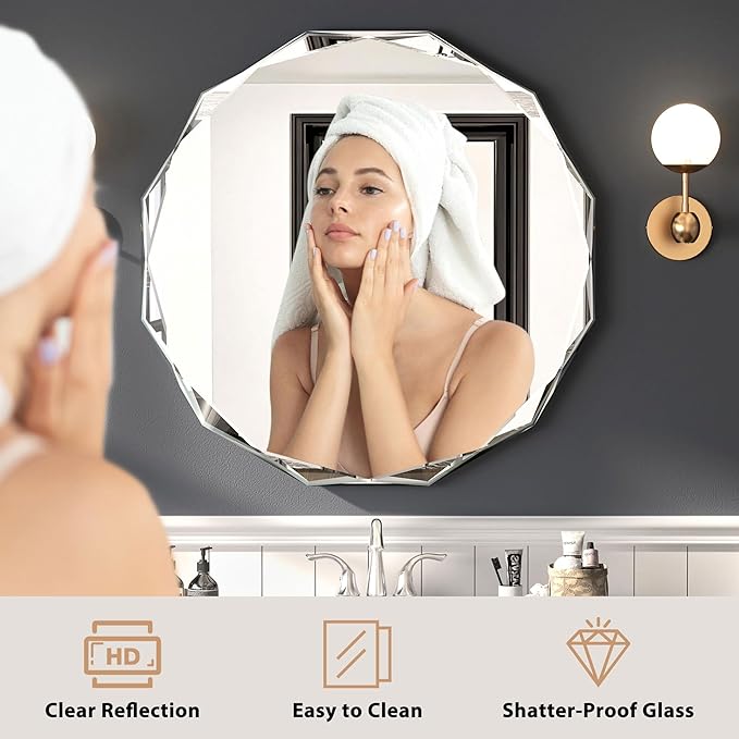 Bathroom Mirrors for Over Sink, Round Frameless Mirrors for Wall, 24x24 Inch Beveled Bathroom Mirror, Bathroom Vanity Circle Mirror for Bedroom Living Room Entryway Home Decor-Ruum Studio Home