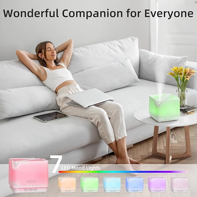 ASAKUKI Essential Oil Diffuser, Multifunctional Ultrasonic Aromatherapy Fragrant Oil Vaporizer Humidifier with Timer, Auto-Off Safety Switch, and 7 LED Light Colors, 700 ml (White)-Ruum Studio Home
