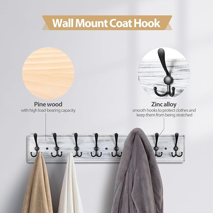 Coat Rack Wall Mount, Wooden Heavy Duty Coat Rack for Wall,8 Triple Coat Hanger Hooks for Hanging Coats,Jacket,Hat,Clothes (Grey White, 8 Hooks)-Ruum Studio Home