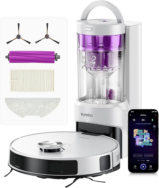 Eureka E20 Plus Robot Vacuum and Mop Combo, Robot Vacuum Cleaner with Bagless Self Emptying Station, 45-Day Capacity 8000Pa Suction and Anti Hair-Tangling Brush App Control LiDAR Navigation-Ruum Studio Home