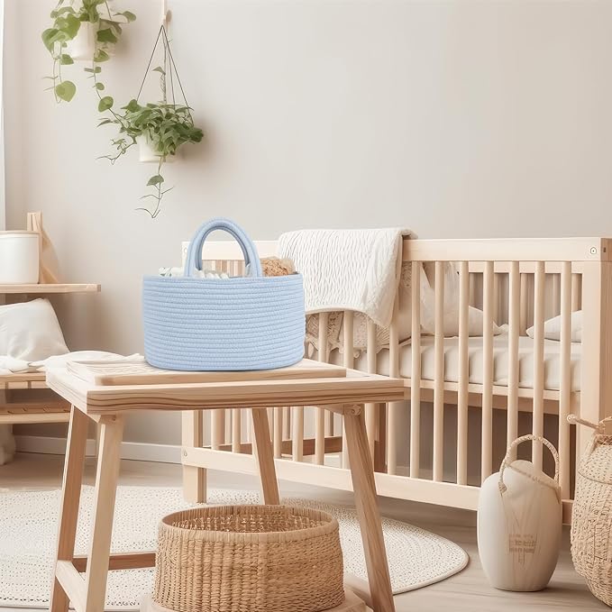 Diaper Caddy Organizer Cotton Rope Baby Basket Nursery Storage and Portable Tote Bag for Car Ideal Baby Shower Gifts and Registry Must-Have for Newborn Essentials blue-Ruum Studio Home