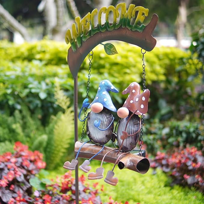 HONGLAND Gnome Garden Decor with Solar Lights, Funny Gnomes Swing Outdoor Decor, Gardening Gifts for Women Mom, Gnomes Yard Decorations with Welcome Sign for Lawn Porch Backyard Patio-Ruum Studio Home